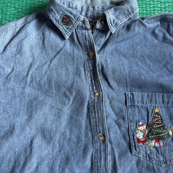 Vintage 90s Quizz Denim Button Up Shirt Sz L Christmas Bears Embroidery Winter - Picture 10 of 16